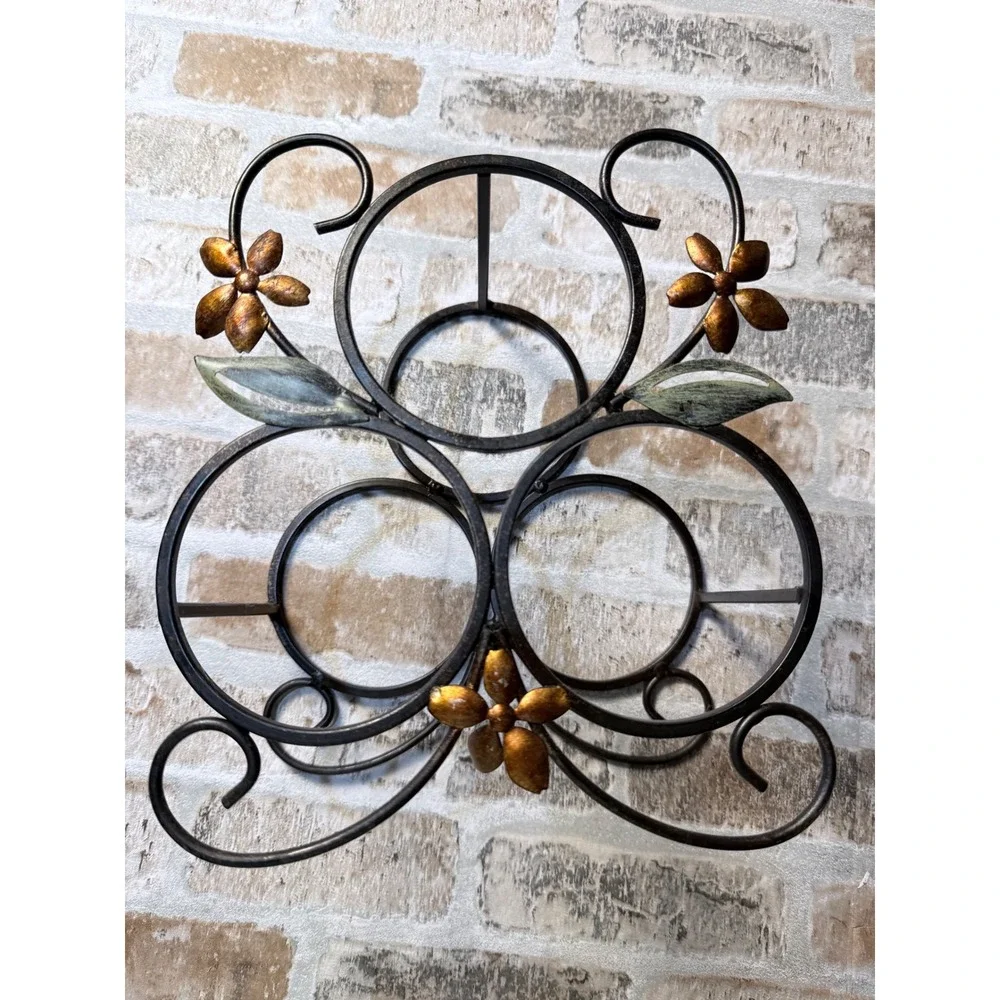 Wrought Iron Floral 3 Bottle Wine Rack Metal Countertop Holder Bronze Gold Leaf